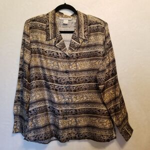 Dress Barn L Top 100% Silk Long Sleeves Button Front Animal Print Mob Wife Vtg